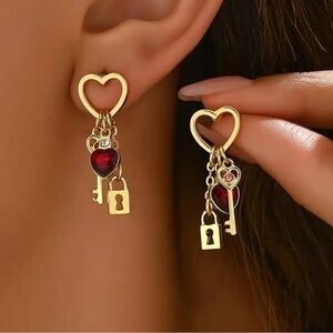 Gold Heart Key Lock Earrings